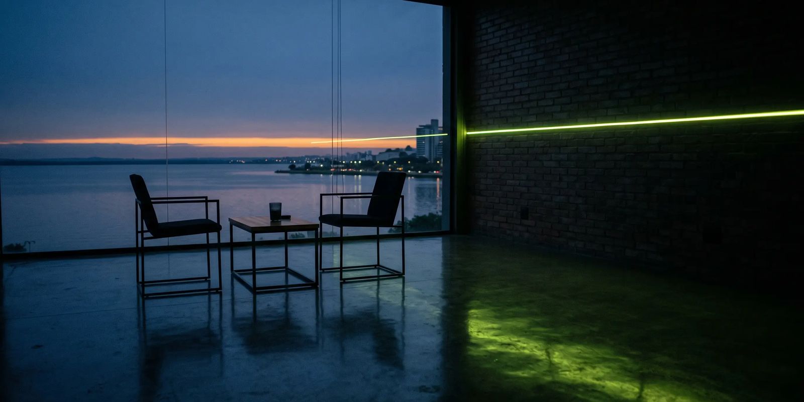 Sala de reunião vazia com vista para o Guaíba em Porto Alegre ao entardecer