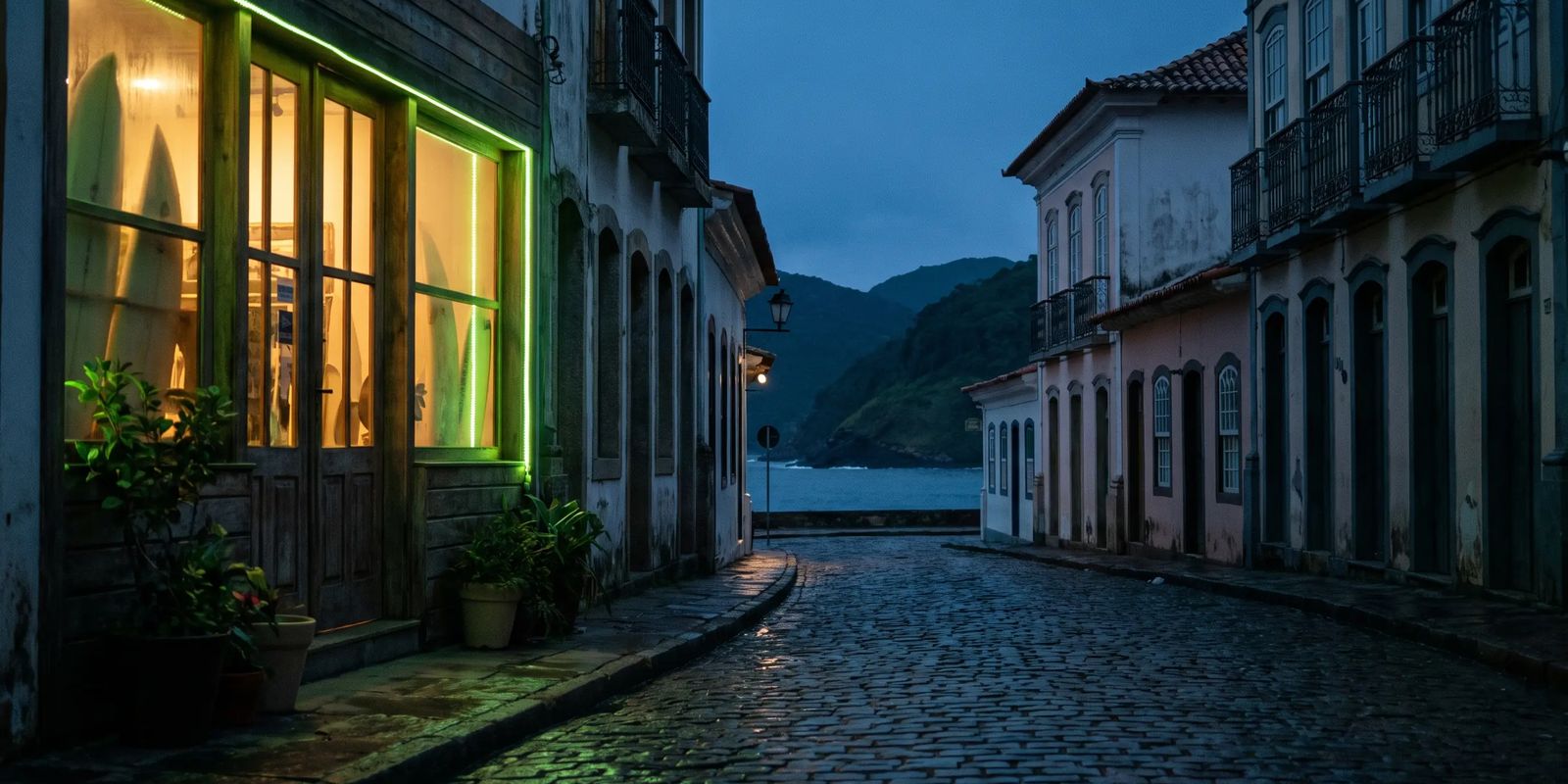 Pequena loja em rua do litoral de Santa Catarina ao anoitecer